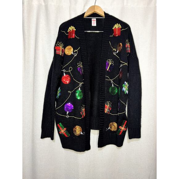 Holiday Time Black Christmas Sequin Ugly Christmas Cardigan Sweater - Picture 1 of 6